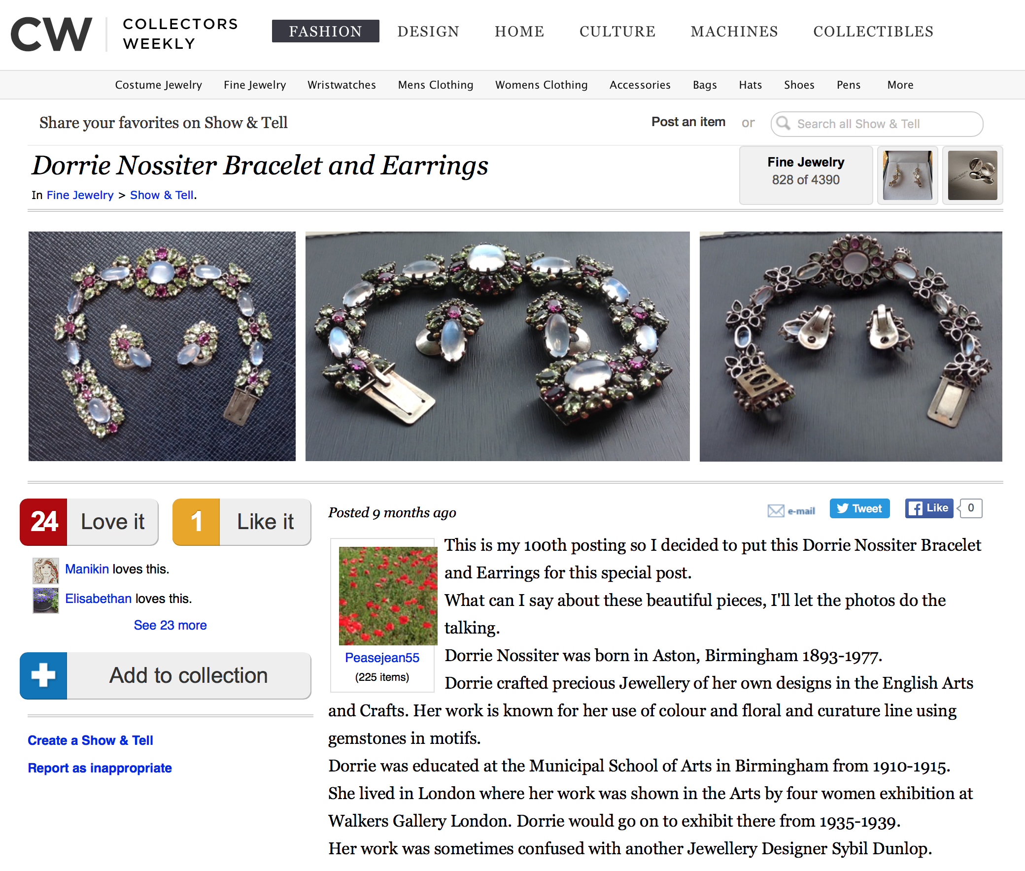 Screen capture of website discussing Dorrie's jewellery